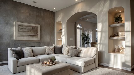 Fototapeta premium Soft Grey Living Area with Cozy Furniture and Elegant Design Elements
