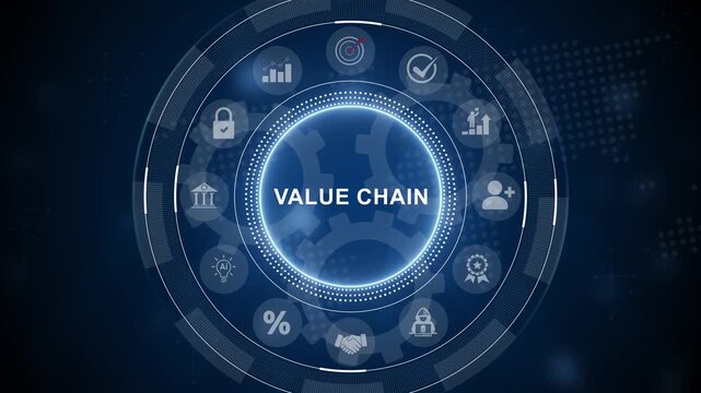 Value chain, business concept. Digital animation glowing blue circuit lines, technology. Motion graphics and digital technology icon interface background