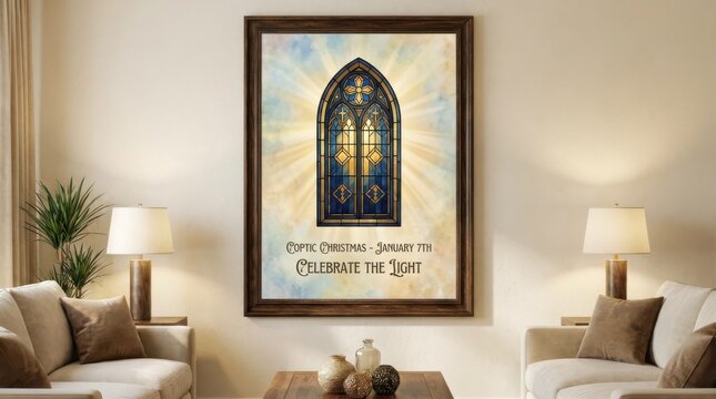 an elegant wall art template for coptic christmas showcases a stylized church window with light rays against a softly colored backdrop