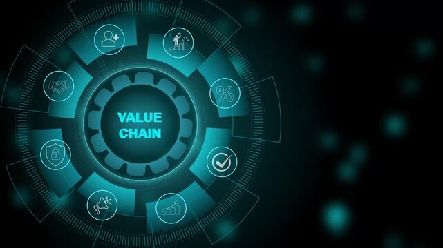 Value chain, business concept. Digital animation glowing blue circuit lines, technology. Motion graphics and digital technology icon interface background