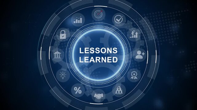 Animated lessons learned concept on blue background with world map and social icons. Social network connections, Connected people nodes. Motion graphics of technology icon interface