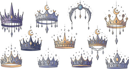 Obraz premium Fantasy Royal Crowns Collection with Moon, Stars, Crystals, and Elegant Jewel Tiara Designs for Magical Princess and Fairy Tale Illustration