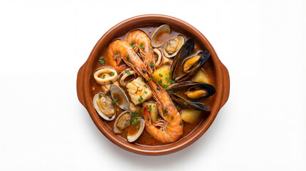 Fototapeta premium Hearty seafood stew with prawns, mussels, clams, and squid in a rich broth