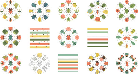 Colorful Insect Mandala Pattern Collection with Beetles, Bees, Snails, and Floral Elements for Decorative Nature Ornament Illustration © Sanjida