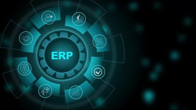 ERP &ndash; Enterprise Resource Planning. ERP concept head up display (HUD UI) panel and. 3d Motion graphics of technology icon interface background