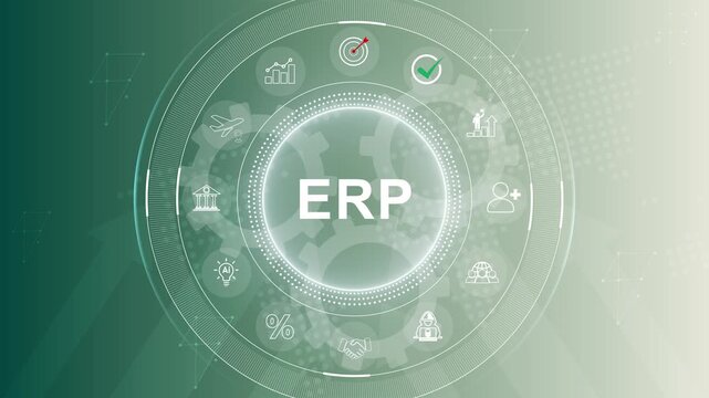 ERP &ndash; Enterprise Resource Planning. ERP concept head up display (HUD UI) panel and. 3d Motion graphics of technology icon interface background