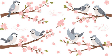 Cute birds on cherry blossom branches vector set with spring sakura flowers, flying birds, petals, and decorative nature illustration elements © Jahangir