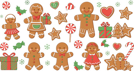 Christmas gingerbread cookie vector set with cute festive characters, candy canes, gifts, stars, and holiday bakery dessert decorations