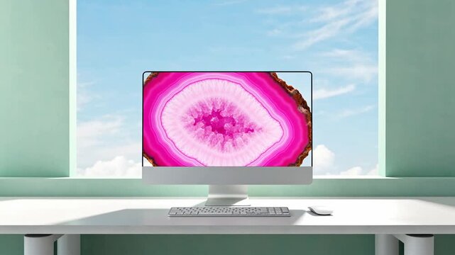 Vibrant pink agate stone displayed on a modern computer monitor, set against a bright sky view through a window