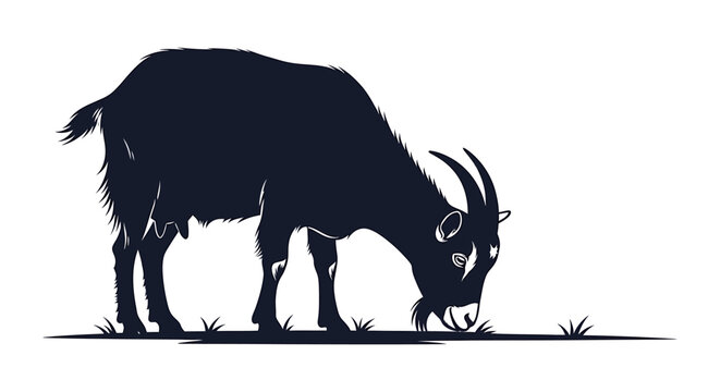 Grazing Silhouette of a Goat in Quiet Field. Vector Illustrations. EPS Editable