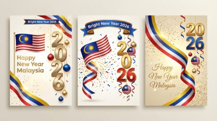 Obraz premium malaysia new year 2026 set of three different vertical posters with waving ribbon in national flag colors