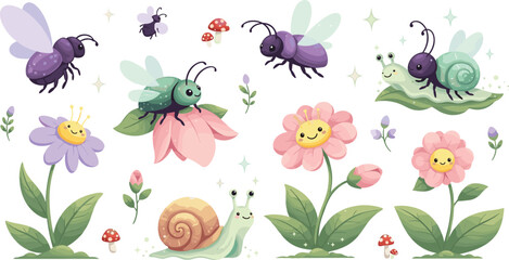 Cute Garden Bugs and Flowers Cartoon Set with Bees, Beetles, Snails, Smiling Blossoms, and Nature Elements for Kids Spring Illustration © Sanjida