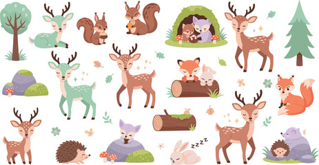 Fototapeta premium Cute Woodland Forest Animals Cartoon Collection with Deer, Fox, Squirrel, Hedgehog, Sleeping Wildlife, Trees, and Nature Elements for Kids Illustration
