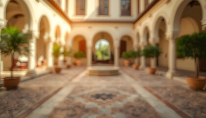 Obraz premium Blurred Mediterranean Courtyard Mosaic Tiles Arched Columns Warm Sunlight Background. Modern blurred background photo for banner, poster or magazine and website background.
