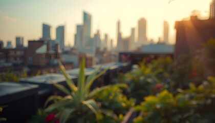 Fototapeta premium Blurred Rooftop Garden Green Plants City Skyline Golden Sunset Bokeh Background. Modern blurred background photo for banner, poster or magazine and website background.