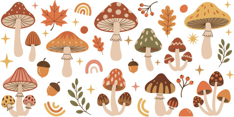 Cute autumn mushroom collection with toadstools leaves acorns rainbow shapes and forest elements colorful fall vector illustration set © Lunavera art