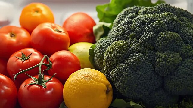 Fresh produce arrangement with tomatoes, broccoli, and citrus fruits on a table