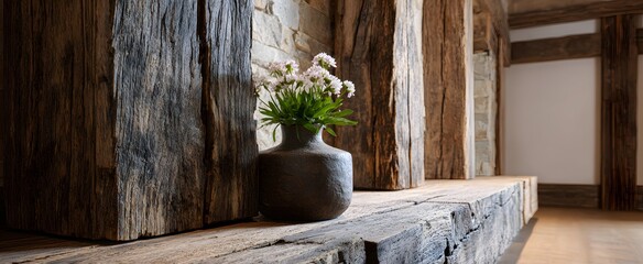 Fototapeta premium Rough-hewn wood elements bring rugged charm to contemporary interior spaces.