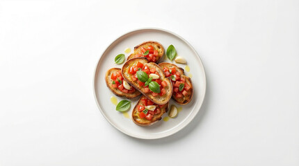 Delicious bruschetta with fresh tomatoes, basil, and garlic on a white plate