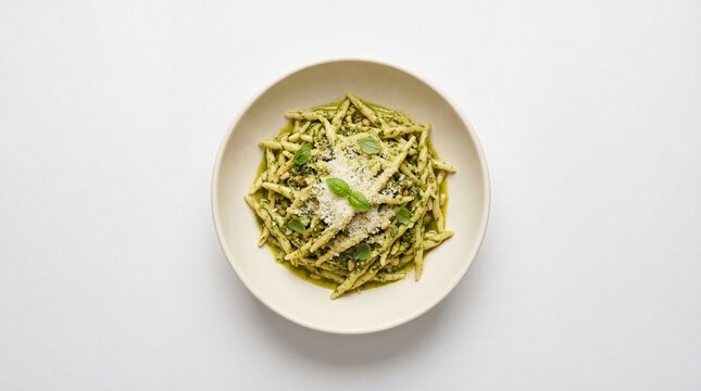 Delicious Trofie al Pesto pasta dish served in a white bowl, garnished with basil and parmesan
