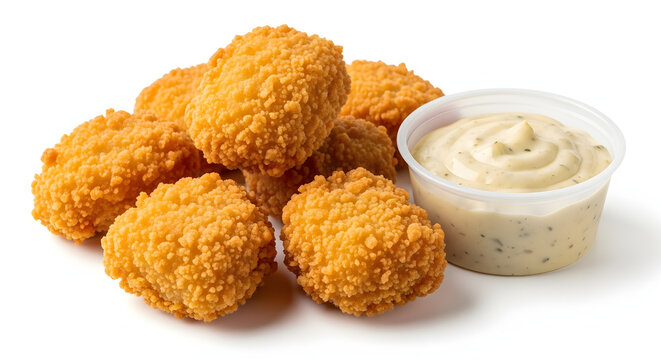 Crispy fried Dutch kibbeling fish bites with garlic sauce, isolated on white background