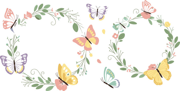 Butterfly floral wreath vector set with pastel butterflies, wildflowers, green leaves, and botanical decorative frames for spring and nature design