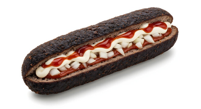 Deep-fried Dutch frikandel sausage loaded with mayonnaise, curry ketchup, and onions, isolated on a pure white background