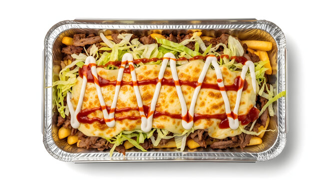 Dutch Kapsalon featuring fries, shawarma, melted cheese, and salad with sauces, isolated on a pure white background