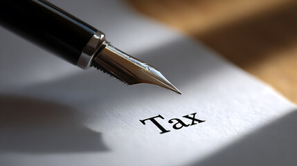 Elegant fountain pen poised over paper with the word "Tax" clearly visible, symbolizing financial obligations, legal documentation, and official matters