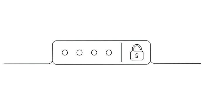 Line drawing of a combination padlock with four digit code slots and an unlocked icon