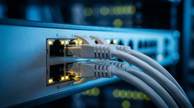 Close up of network cables connected to a modern server switch glowing led lights data center hardware and advanced telecommunication concept.