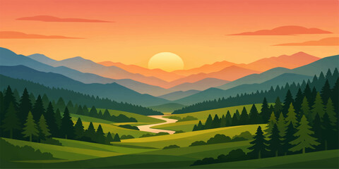 A panoramic summer view of the misty Alps features a golden sunrise and sunset over green forest hills and a foggy mountain valley under a cloudy nature sky © Faruk