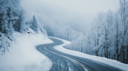Obraz premium Winding road through snow covered forest during winter day scene