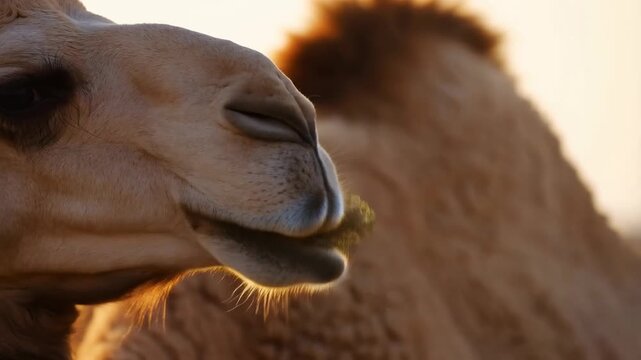Close-up of a camel munching on grass during sunset, highlighting its features and soft background with a warm glow