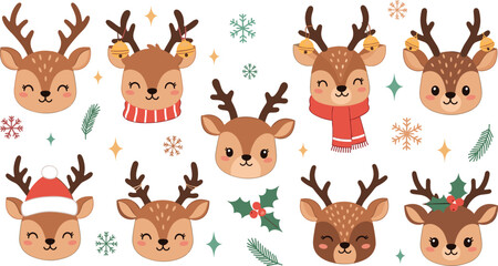 Cute Christmas reindeer character set with scarf santa hat bells snowflakes festive kawaii vector illustration collection © Lunavera art
