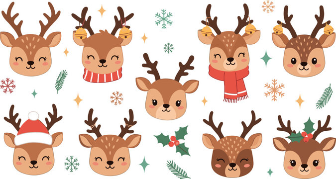 Cute Christmas reindeer character set with scarf santa hat bells snowflakes festive kawaii vector illustration collection