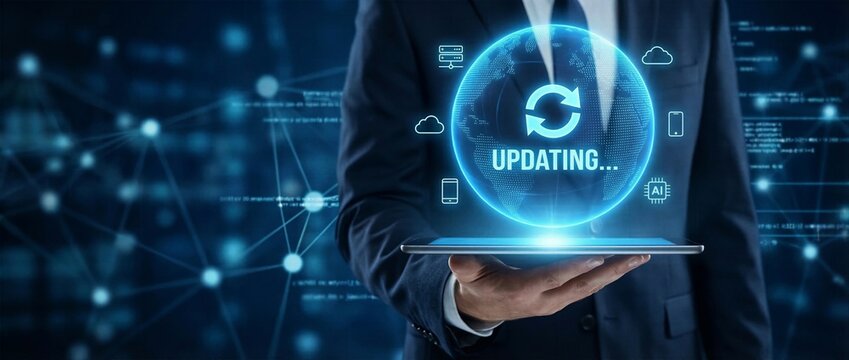 Businessman holding tablet with glowing updating text and refresh icon on global network hologram, software upgrade and system update technology concept.