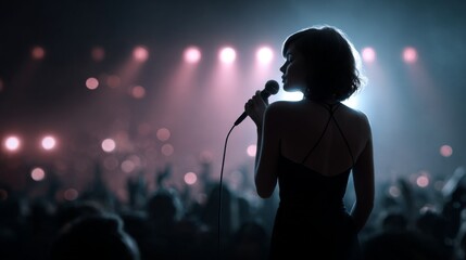 silhouette of a woman singer with microphone on stage, fans on the background with copy space
