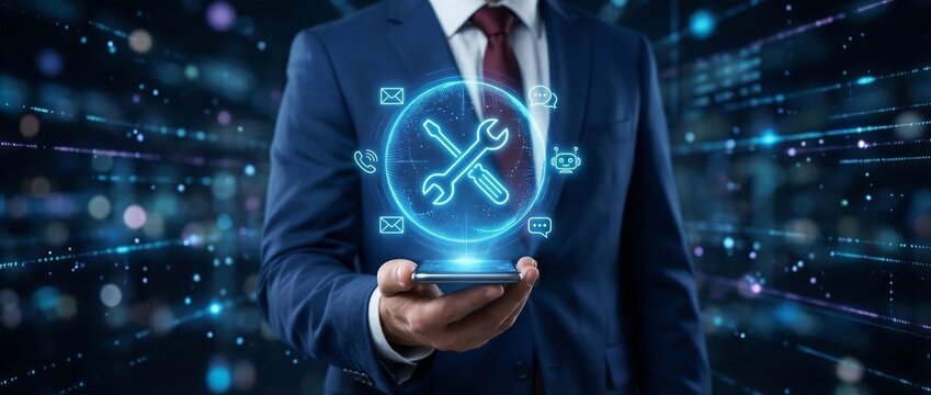 Corporate IT administrator holding mobile phone showing virtual maintenance tools hologram, concept of remote network diagnostics and digital repair services.