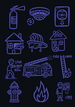 A comprehensive set of hand-drawn fire safety icons in a unique chalk-style vector illustration, featuring essential emergency tools and situations