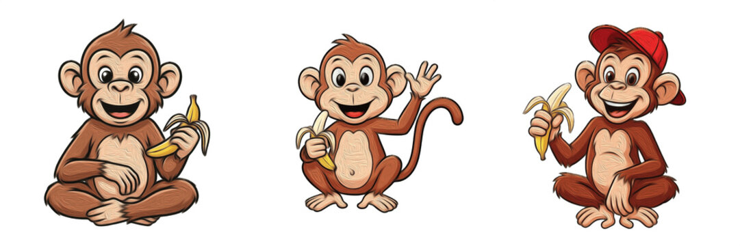 Set of three cute cartoon monkey characters eating bananas and waving in different poses isolated on white background
