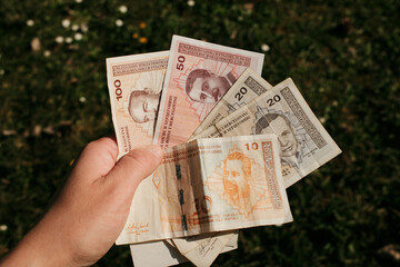 Naklejka premium Hand holding Bosnia and Herzegovina convertible mark banknotes with grass background. Cash currency used for payments and financial transactions in Bosnia and Herzegovina.