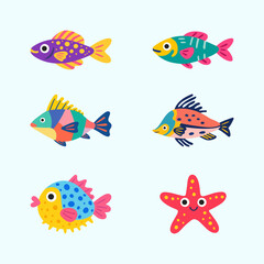 Fototapeta premium Cute Tropical Fish, Pufferfish and Starfish Cartoon Set, Colorful Ocean Animals Vector Illustration