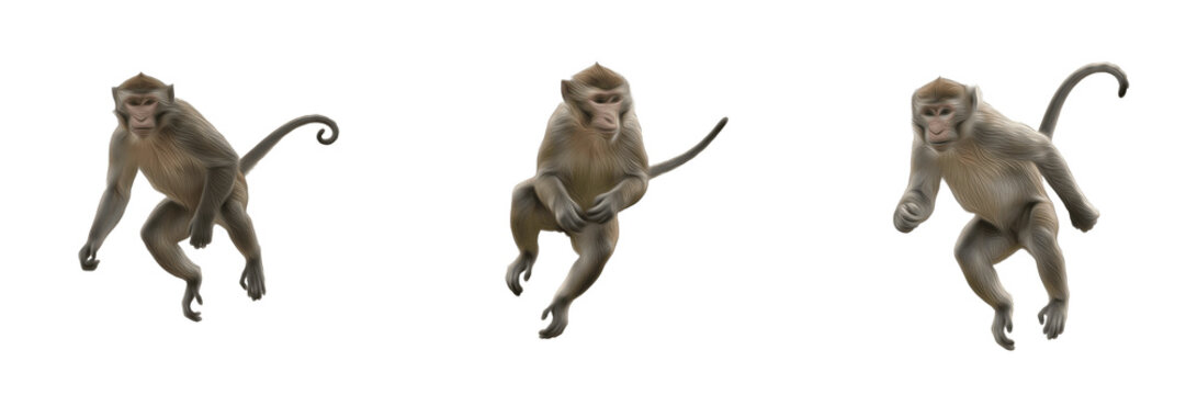 Set of three long-tailed macaque monkeys jumping and leaping in mid-air isolated on white background