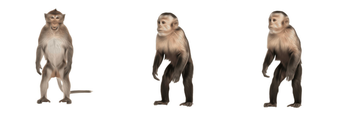 Set of three monkeys standing on two legs in different full length poses isolated on white background