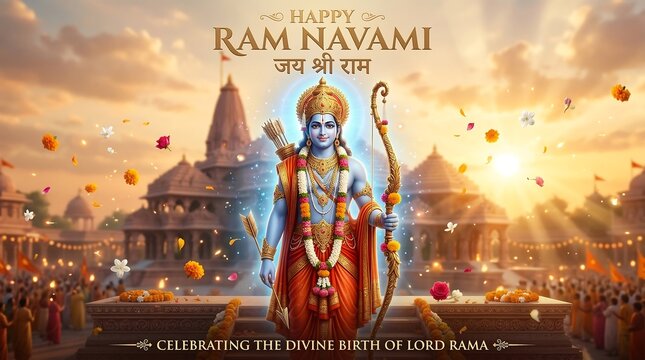 Happy Ram Navami festival celebration poster with divine Lord Rama holding bow golden glow vibrant colors social media banner design