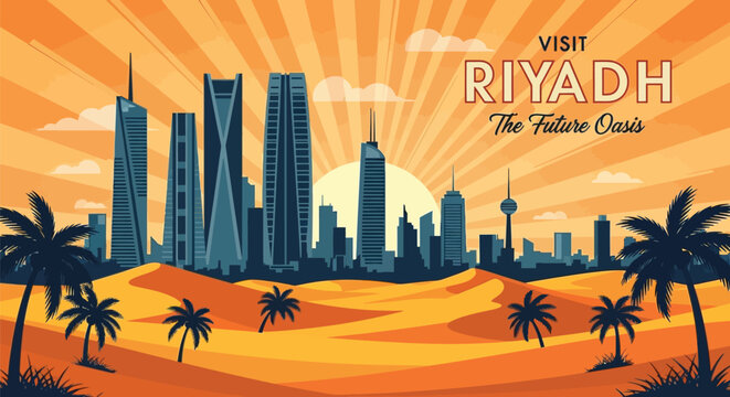 Vector illustration of Riyadh cityscape with palm trees and desert landscape