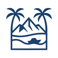 Logo agencia de viajes. Vacaciones de verano. Dibujo sencillo con líneas de un paisaje con la palma en una isla con montaña, olas y un barco  © teracreonte