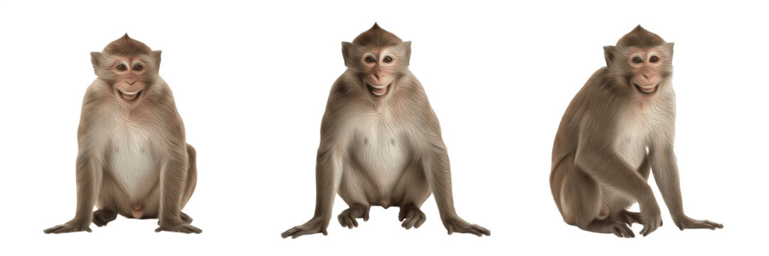 Set of three long-tailed macaque monkeys sitting in different poses isolated on white background