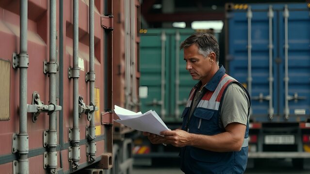 Logistics Inspector Checking Customs Documentation and Import Tariffs at Shipping Container Port